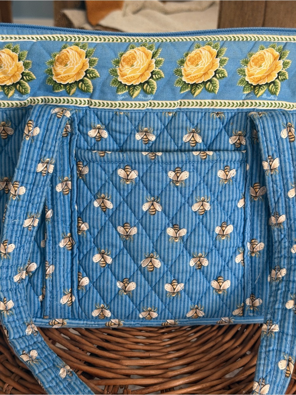 Vera Bradley Blue Quilted Tote with Yellow Rose Trim - Picture 3 of 16
